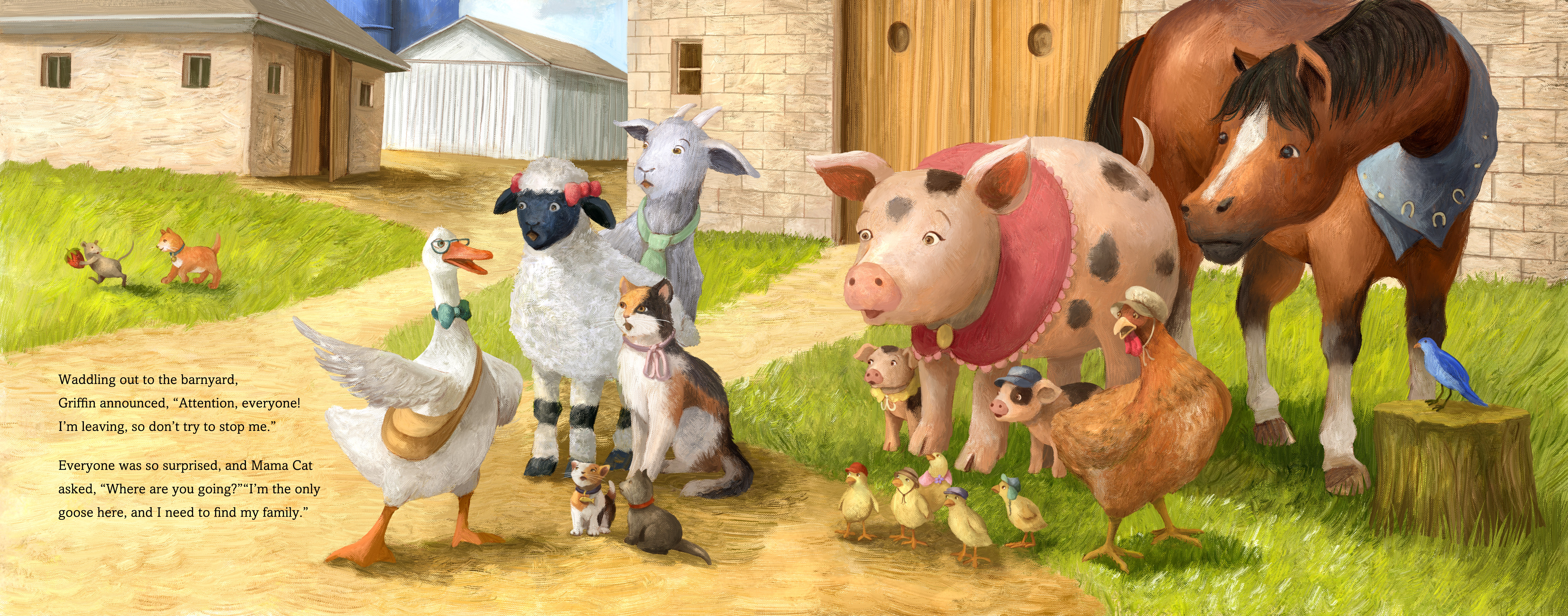 Two-page spread of Griffin announcing to the barnyard animals that he's leaving to find his family, from 'Ruffled Feathers'.